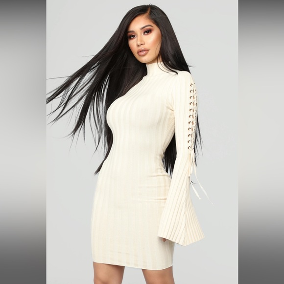 Knit Ribbed White Sweater Dress with Bell Sleeves - Picture 1 of 6